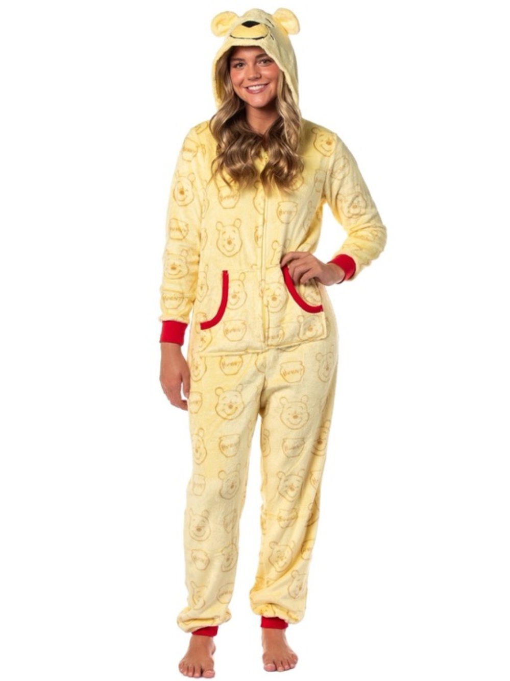 Disney Yellow Winnie the Pooh Hooded Plush Jumpsuit with Red Trim